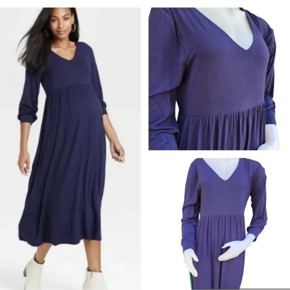 The Nines by HATCH Women Navy Blue Rayon Long Sleeves Maxi Dress Size Medium